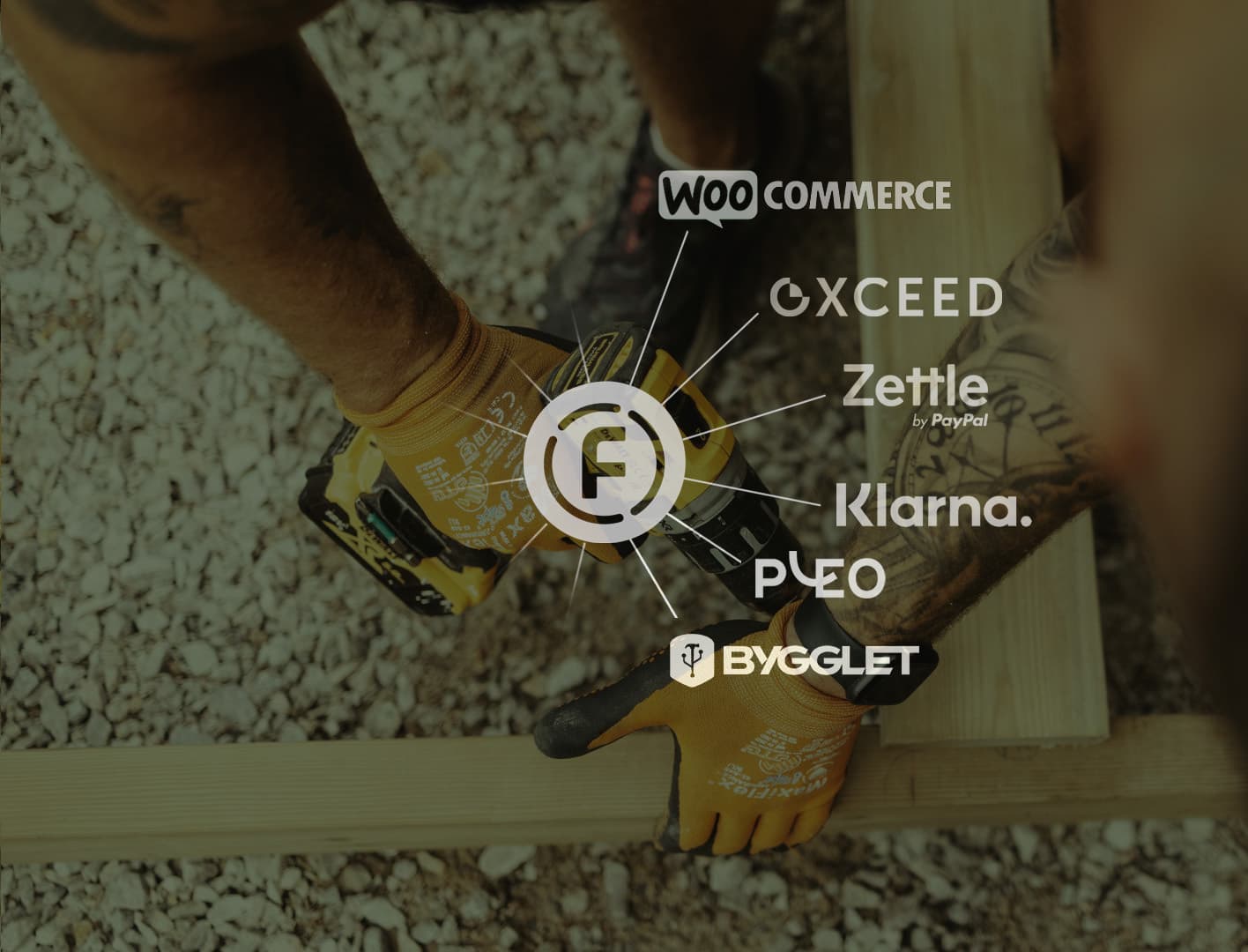 Bakgrunden fixar en en snickare som skruvar ihop reglar. Ovanpå visas ett lager med olika integrationslogotyper som länkas samman med Fortnox logotyp i mitten.