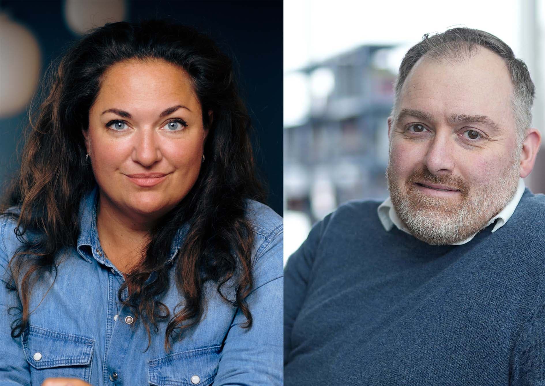 Split image of a woman in a denim shirt on the left, and a man in a dark sweater on the right, both smiling at the camera.